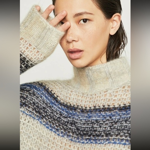 $298 NWT BCBGMAXAZRIA Sz2XS STRIPED OVERSIZED MOHAIR TUNIC SWEATER CERULEAN - Picture 2 of 11